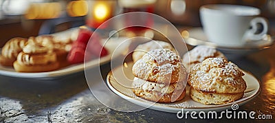 Softly blurred to dazzling bokeh in cozy caf with aromatic coffees, pastries, and warm lighting Stock Photo