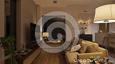 Softly Illuminated Open Plan Living Room at Nighttime Stock Photo