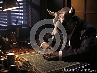 Stockbroker bull looks at charts in office Stock Photo