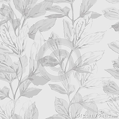 Softness nature monochrome vector seamless pattern. Hand drawn abstract transparent silhouettes of leaves on gray background. Vector Illustration