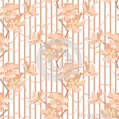 Softness peachy colored striped floral vector seamless pattern. Hand drawn abstract flowers and curly ribbon on white background. Vector Illustration