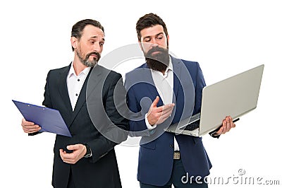 Software for accounting. Business meeting. Man bearded manager show financial report laptop. Business plan. Business Stock Photo