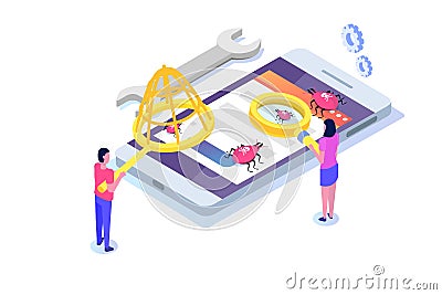 Software or application testing isometric vector concept. Debugging development process. Vector Illustration