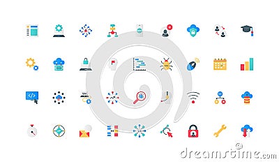 Software code development, coding, testing and bug search by programmer color icon set Vector Illustration