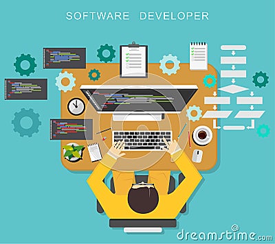 Software developer concept. Programmer coding on desktop. Vector Illustration