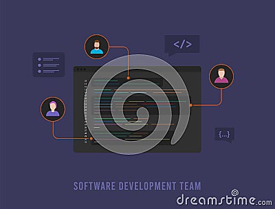 Software Developer Team Collaboration concept. Successful Software Development with outsourced digital team on demand Vector Illustration