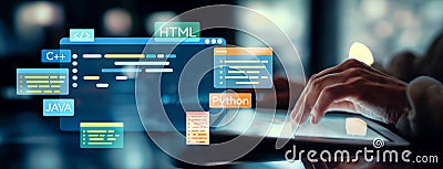 Software developer work with coding overlays of programming languages EIDE Stock Photo