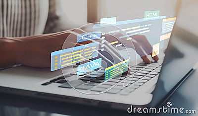 Software developer work with coding overlays of programming languages EIDE Stock Photo