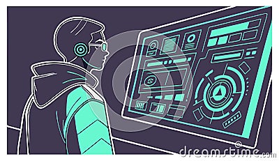 Software developer working with a futuristic computer interface Vector Illustration