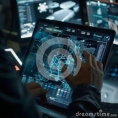 Software developer working with interactive touchscreen display showing futuristic city map and data points Stock Photo