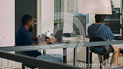 Software developer working on temrinal window with html script Stock Photo