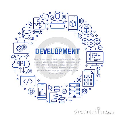 Software development circle poster with flat line icons. Programming language flyer, application, api, computer tester Vector Illustration