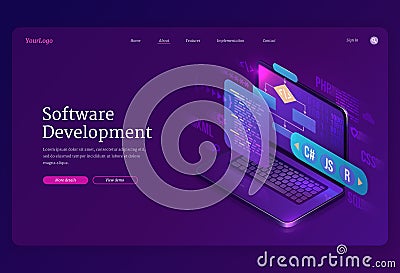 Software development, coding isometric landing Vector Illustration