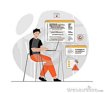 Software development, coding and problem identification. IT specialist testing software in search of bugs. Illustration Vector Illustration