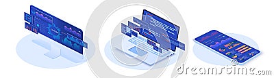 Software development coding process concept. Online financial audit. Isometric website metrics, statistical graphs Vector Illustration