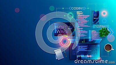 Software development coding process concept. Programming, testing cross platform code, app on laptop, tablet, phone. Create, Vector Illustration