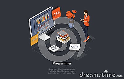 Software Development Coding Process. Programmer Or Web Developer Is Coding App Using CSS Programming Language. Screen Vector Illustration