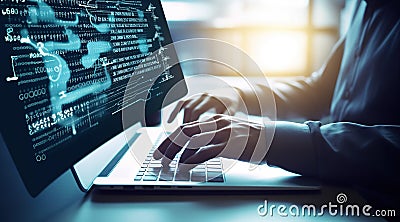 Software development concept. Coding programmer, software engineer working on laptop with computer code on virtual screen Stock Photo