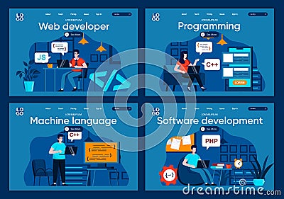 Software development flat landing pages set. Frontend and backend developers working in office scenes for website or CMS Vector Illustration