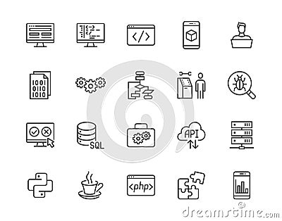 Software development flat line icons set. Programming language, application, api, computer program develop vector Vector Illustration