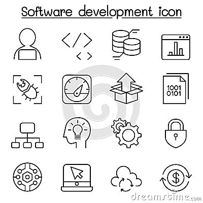Software development icon set in thin line style Vector Illustration