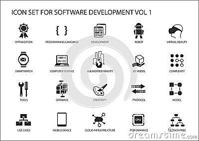 Software development icon set. Vector symbols to be used for Software development and information technology Vector Illustration