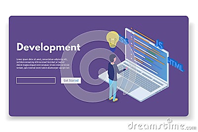Software Development isometric, Programmer at work. Big data processing. Vector Illustration