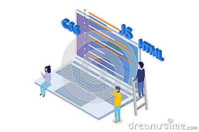 Software Development isometric, Programmer at work. Vector Illustration