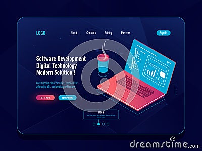 Software development isometric, programming and code writing, laptop with coffee cup, data analyzing, report building Vector Illustration