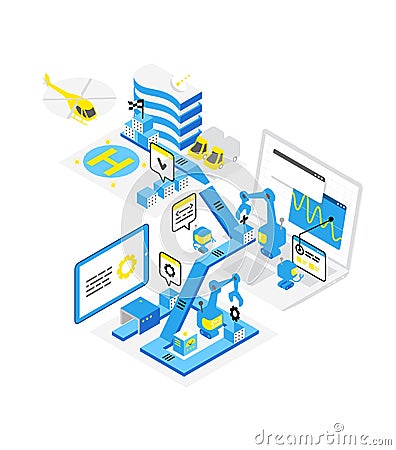 Software development levels. Technological conveyor. Programming and testing robots laptop. Isometric infographic. Blue Vector Illustration