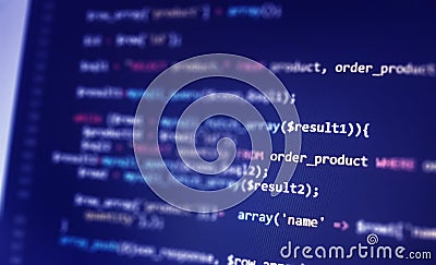 Software development monitor screen background. Developer display with source code. Programming concept Editorial Stock Photo