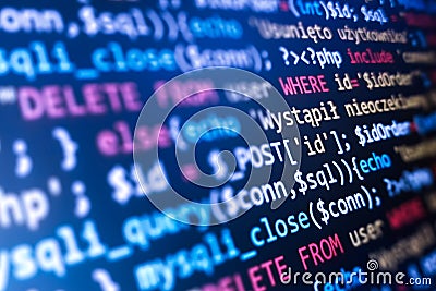 Software development pattern. Programmer monitor with php language code. Closeup tablet screen technology background Stock Photo