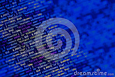 Software development pattern. Programmer monitor with php language code. Closeup tablet screen technology background Stock Photo