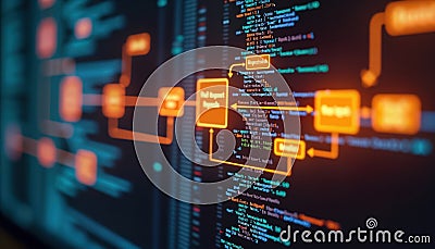 Software development process workflow diagram on computer screen. Branching merging, pull request commit master development Stock Photo