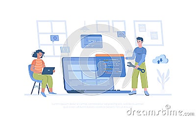 Software development, programming, coding. People write code, settings and testing, developing programs Vector Illustration