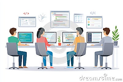 Software Development Team Collaboration Four programmers work together on software development projects using computers and Stock Photo