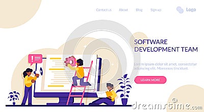 Software development team concept. People configure the application. Back end development. Software development process Vector Illustration
