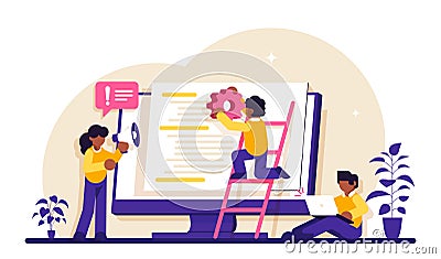 Software development team concept. People configure the application. Back end development. Software development process Cartoon Illustration