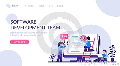 Software development team concept. People configure the application. Back end development. Software development process Vector Illustration