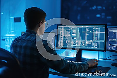 Software develper man wearing glasses working coding Write a program develope AI application on laptop at home office Stock Photo