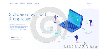 Software download and application isometric vector illustration. Programmers and engeneers working on web app development, coding Vector Illustration
