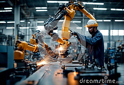 software engineer automotive monitoring control industrial intelligent robotics 2 arms automatic factory machine system lding Stock Photo