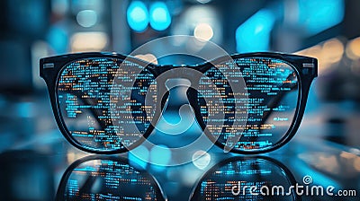 software engineer, In a captivating blue-lit setting, a software engineer's glasses showcase vibrant code, emphasizing Stock Photo