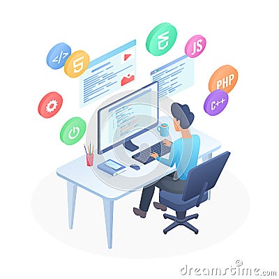 Software engineer developer coding computer program Vector Illustration