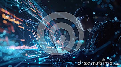 Software engineer developing futuristic interface on transparent laptop Stock Photo