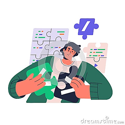 Software engineer find solution of problem in program, concept. Coder collect puzzles, search errors in code, programmer Vector Illustration
