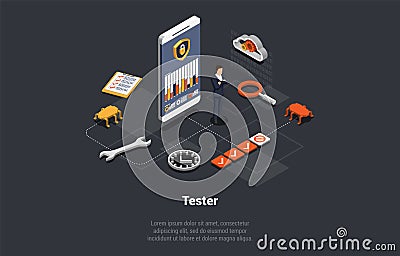 Software Engineer Job. Software Tester Testing Programs, Debugging And Making Functional Test. Man Software Quality Vector Illustration