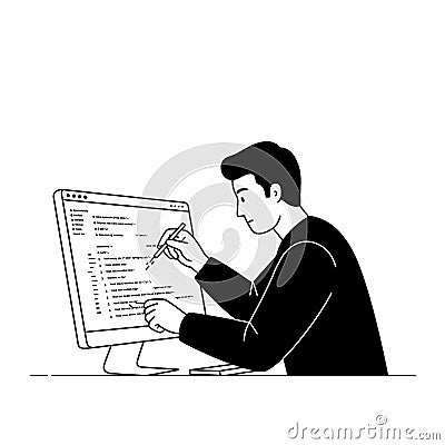 A software engineer is sitting in front of a computer, fixing errors in the program. Cartoon Illustration
