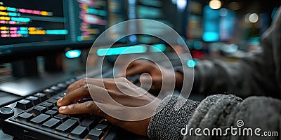 software engineer types code on keyboard, working with multiple monitors in coding environment Stock Photo