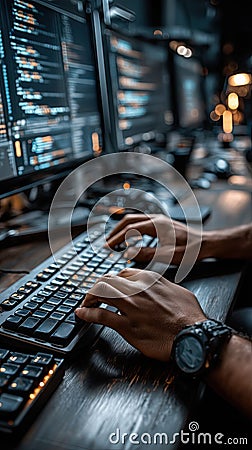 software engineer types code on keyboard, working with multiple monitors in dimly lit office Stock Photo